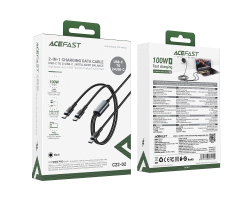 Кабель ACEFAST C22-02 USB-C to 2*USB-C 100W aluminum alloy charging data cable Black (6974316285120)