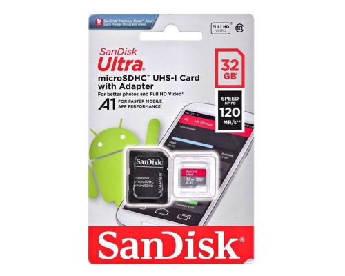 Карта пам'яті microSDHC (UHS-1) SanDisk Ultra 32Gb class 10 A1 (120Mb/s) (adapter SD) (SDSQUA4-032G-GN6MA)
