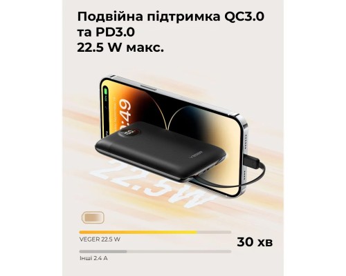 Зовнішній акумулятор VEGER 10000 mAh with built-in cables Type C / Lightning PD QC3.0 2A 22,5W C11 (W1170) black (VG-W1170)