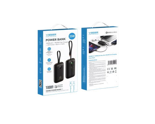 Зовнішній акумулятор VEGER 10000 mAh with built-in cables Type C / Lightning PD QC3.0 35W K1 (W1188) black (VG-W1188)