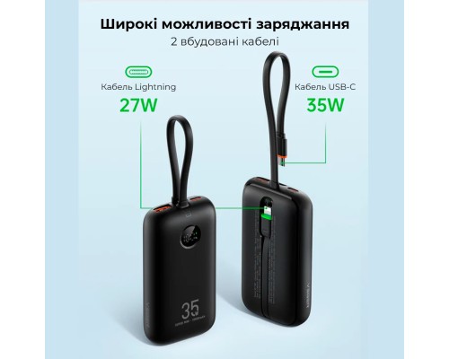Зовнішній акумулятор VEGER 10000 mAh with built-in cables Type C / Lightning PD QC3.0 35W K1 (W1188) black (VG-W1188)