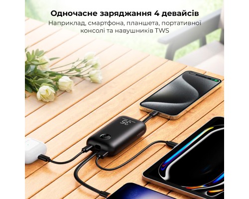 Зовнішній акумулятор VEGER 10000 mAh with built-in cables Type C / Lightning PD QC3.0 35W K1 (W1188) black (VG-W1188)