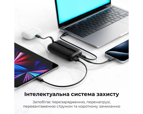 Зовнішній акумулятор VEGER 10000 mAh with built-in cables Type C / Lightning PD QC3.0 35W K1 (W1188) black (VG-W1188)