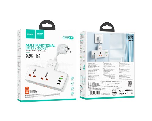 Мережевий подовжувач HOCO  AC12A Reise 2-position expansion socket(PD30W/1C3A) (8.5 cm) White (6942007607100)