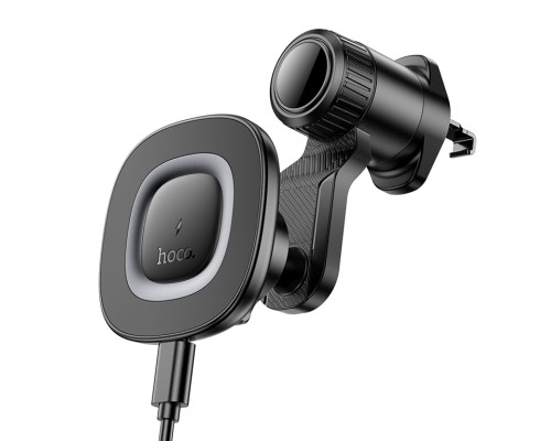 Автотримач для телефона з БЗП HOCO HW30 Crown magnetic wireless charging car holder (air outlet) Black Metal Gray (6942007646925)
