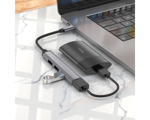 USB-хаб HOCO HB26 4 in 1 adapter(Type-C to USB3.0+USB2.0*3) Metal Gray (6931474765482)