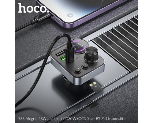 АЗП з FM-модулятором HOCO E86 Alegria 48W dual port PD30W+QC3.0 car BT FM transmitter Black (6942007646956)