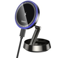 Автотримач для телефона з БЗП HOCO HW33 Metal ring magnetic wireless fast charging car holder (center console) Metal Grey (6942007647946)