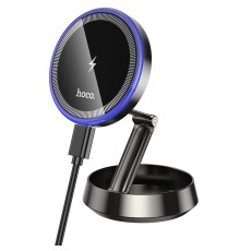 Автотримач для телефона з БЗП HOCO HW33 Metal ring magnetic wireless fast charging car holder (center console) Metal Grey (6942007647946)
