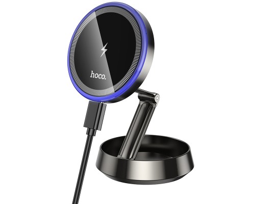 Автотримач для телефона з БЗП HOCO HW33 Metal ring magnetic wireless fast charging car holder (center console) Metal Grey (6942007647946)