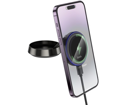Автотримач для телефона з БЗП HOCO HW33 Metal ring magnetic wireless fast charging car holder (center console) Metal Grey (6942007647946)