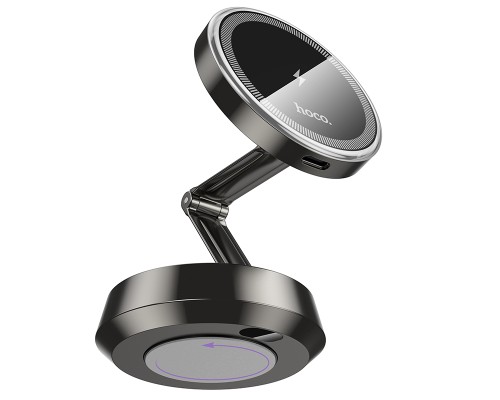 Автотримач для телефона з БЗП HOCO HW33 Metal ring magnetic wireless fast charging car holder (center console) Metal Grey (6942007647946)