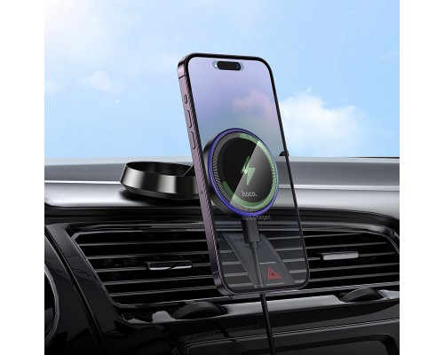 Автотримач для телефона з БЗП HOCO HW33 Metal ring magnetic wireless fast charging car holder (center console) Metal Grey (6942007647946)