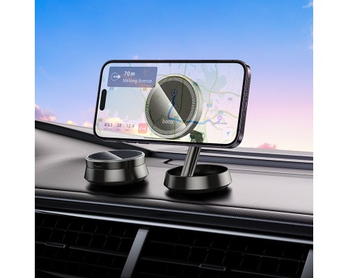 Автотримач для телефона з БЗП HOCO HW33 Metal ring magnetic wireless fast charging car holder (center console) Metal Grey (6942007647946)