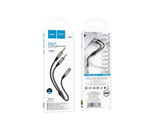 Аудіокабель HOCO UPA21 2-in-1 3.5 headset audio adapter cable(female to 2*male) 0.25m Metal Gray (6931474766816)