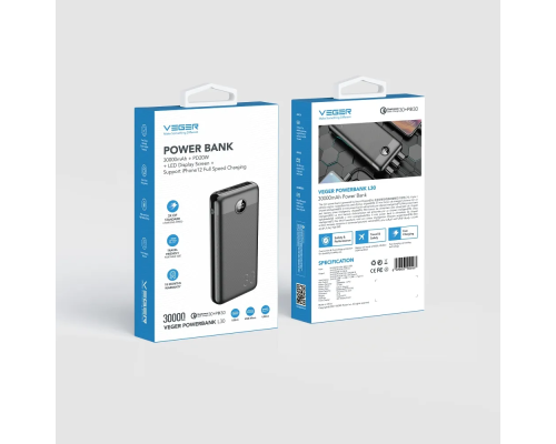 Зовнішній акумулятор VEGER 30000 mAh PD QC3.0 3A 20W L30 (W3008PD) black (VG-W3008PD)