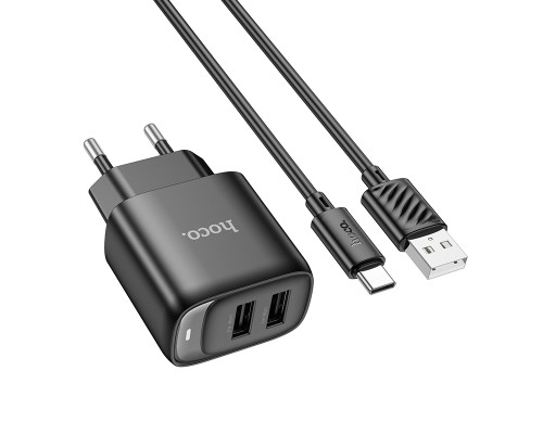Мережевий зарядний пристрій з кабелем HOCO C141A Smart dual-port charger set(Type-C) Black (6942007627900)