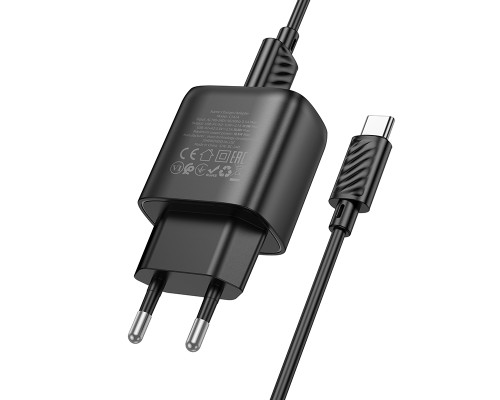 Мережевий зарядний пристрій з кабелем HOCO C141A Smart dual-port charger set(Type-C) Black (6942007627900)