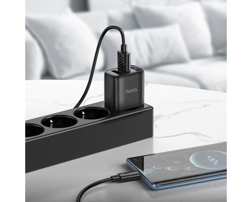 Мережевий зарядний пристрій з кабелем HOCO C141A Smart dual-port charger set(Type-C) Black (6942007627900)