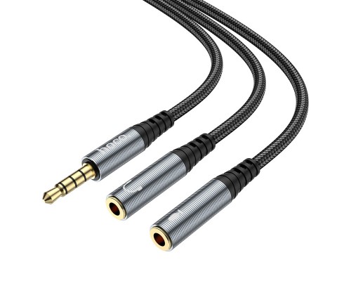Аудіокабель HOCO UPA21 3.5mm male to 2*3.5mm female, nylon braid, 0.25m, Metal Gray (6931474766809)