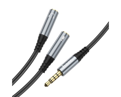 Аудіокабель HOCO UPA21 3.5mm male to 2*3.5mm female, nylon braid, 0.25m, Metal Gray (6931474766809)