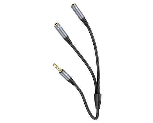 Аудіокабель HOCO UPA21 3.5mm male to 2*3.5mm female, nylon braid, 0.25m, Metal Gray (6931474766809)