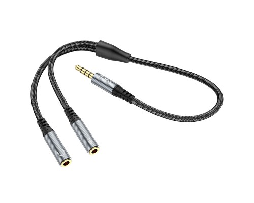 Аудіокабель HOCO UPA21 3.5mm male to 2*3.5mm female, nylon braid, 0.25m, Metal Gray (6931474766809)