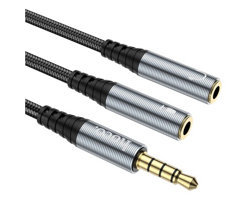 Аудіокабель HOCO UPA21 3.5mm male to 2*3.5mm female, nylon braid, 0.25m, Metal Gray (6931474766809)