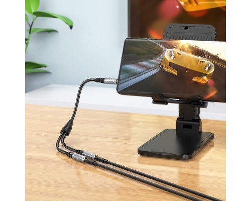 Аудіокабель HOCO UPA21 3.5mm male to 2*3.5mm female, nylon braid, 0.25m, Metal Gray (6931474766809)