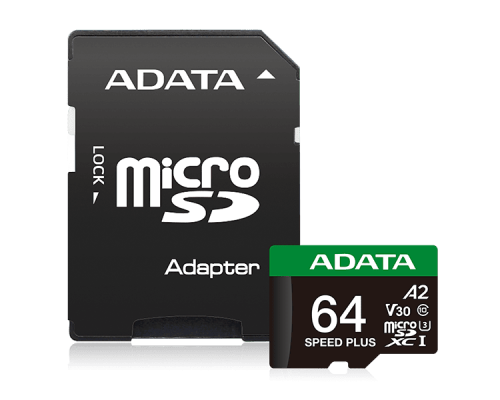 Карта пам'яті microSDXC (UHS-1 U3) A-DATA SPEED PLUS 64Gb Class 10 V30 A2 (R-160Mb/s W140Mb/s) (adapter SD) (UD64GUI3V30A2SP-RA1)