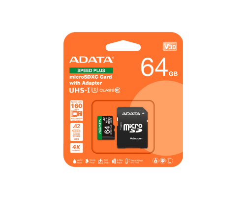 Карта пам'яті microSDXC (UHS-1 U3) A-DATA SPEED PLUS 64Gb Class 10 V30 A2 (R-160Mb/s W140Mb/s) (adapter SD) (UD64GUI3V30A2SP-RA1)