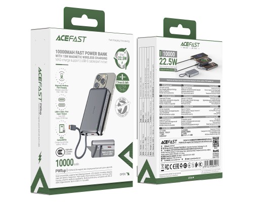 Зовнішній акумулятор ACEFAST M18-10000 PD20W/22.5W magnetic fast charging power bank with built-in cable Black (6974316284017)