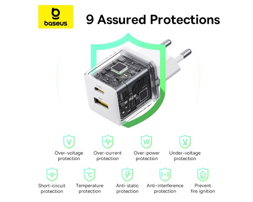Мережевий зарядний пристрій з кабелем Baseus Palm Fast Charger C+U 30W EU Moon White (with USB-C to USB-C 60W (20V/3A) 1m Moon White) (P1011160A213-01)