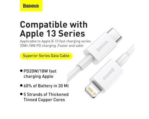 Кабель Baseus Superior Series Fast Charging Data Cable Type-C to iP PD 20W 1.5m White (CATLYS-B02)