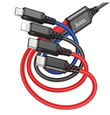 Кабель HOCO X76 USB to iP+Type-C+Type-C+Micro 2A, 1m, nylon, aluminum connectors Black+Red+Blue (6931474768650)