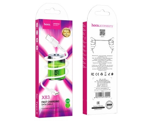 Кабель HOCO X83 USB to Type-C 3A, 1m, PVC, PVC connectors, White (6931474770912)