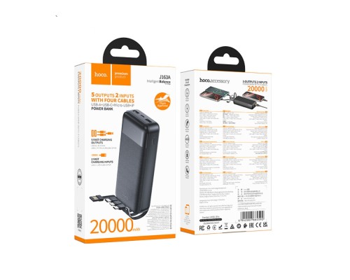 Зовнішній акумулятор HOCO J163A Wonderful power bank with 4 cables(20000mAh) Black (6942007664592)