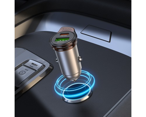 Автомобільний зарядний пристрій HOCO NZ16A Rigorous 43W dual port PD25W+QC3.0 car charger set(C to iP) Metal Grey (6942007644754)