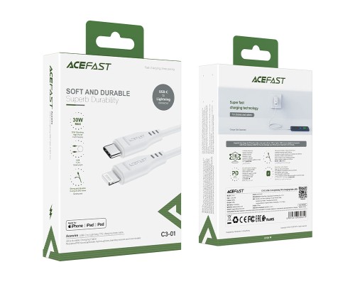 Кабель ACEFAST C3-01 Type-C to iP 3A, 30W, TPE, TPE connectors, White (6974316280811)