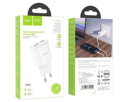Мережевий зарядний пристрій HOCO C88A Star round dual port charger 12W White (6931474749499)