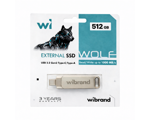 Портативний SSD Wibrand Wolf 512GB USB 3.2 Gen.2 Type-C/Type-A Read/Write 1000MB/s Silver (WIEXSSD/WO512GB)