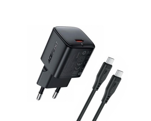 Мережевий зарядний пристрій з кабелем ACEFAST A117 PD20W mini GaN fast charger set(P16),black  Black (6974316286509)
