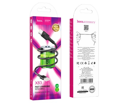 Кабель HOCO X83 USB to Type-C 3A, 1m, PVC, PVC connectors, Black (6931474770905)
