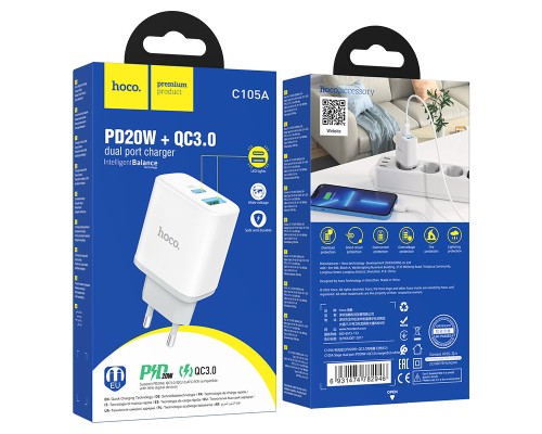 Мережевий зарядний пристрій HOCO C105A Stage dual port PD20W+QC3.0 charger White (6931474782946)