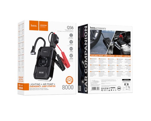 Автомобільний пуско-зарядний пристрій з насосом HOCO QS6 Clever Intelligent air pump+emergency start-up power bank(8000mAh) Black (6942007673013)