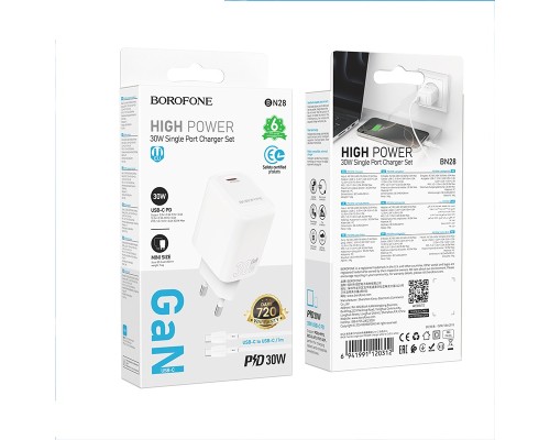 Мережевий зарядний пристрій з кабелем BOROFONE BN28 Fuente single port PD30W charger set (C to C) (EU) White (6941991120312)