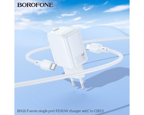 Мережевий зарядний пристрій з кабелем BOROFONE BN28 Fuente single port PD30W charger set (C to C) (EU) White (6941991120312)