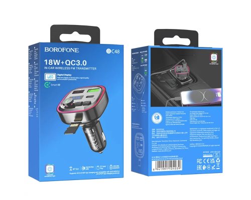 АЗП з FM-модулятором BOROFONE BC48 Broad QC3.0 car BT FM transmitter 18W Black (6941991104039)