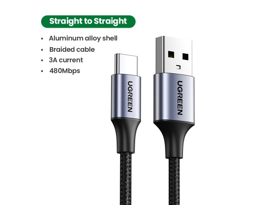 Кабель UGREEN US288 USB-A 2.0 to USB-C Cable Nickel Plating Aluminum Braid 0.25m (Black) (UGR-60124)