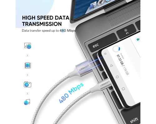 Кабель UGREEN US288 USB-A 2.0 to USB-C Cable Nickel Plating Aluminum Braid 1m (White) (UGR-60131)